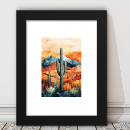 Cactus WaterColor Melancholy Orange Pastel Clouds, Framed Art Prints White Border Wall Decor