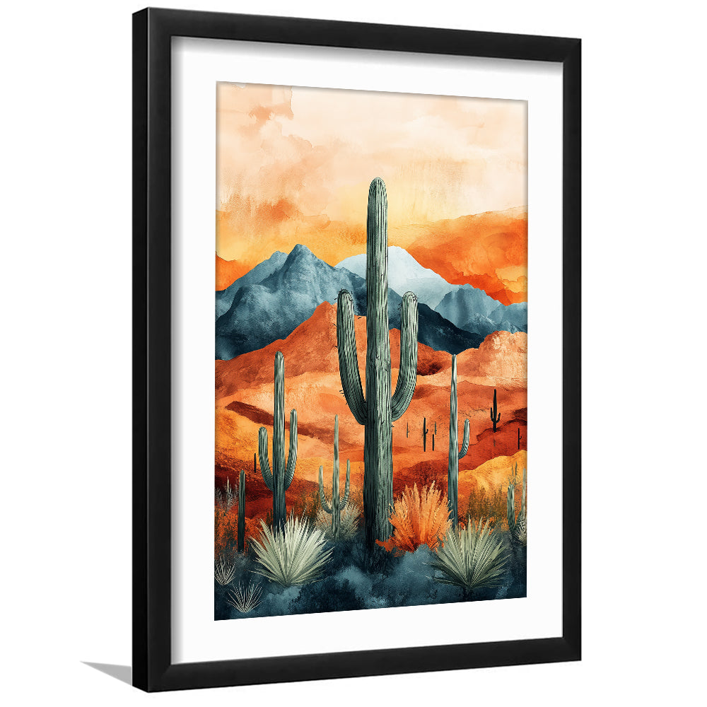 Cactus WaterColor Melancholy Orange Pastel Clouds, Framed Art Prints White Border Wall Decor