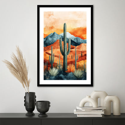 Cactus WaterColor Melancholy Orange Pastel Clouds, Framed Art Prints White Border Wall Decor