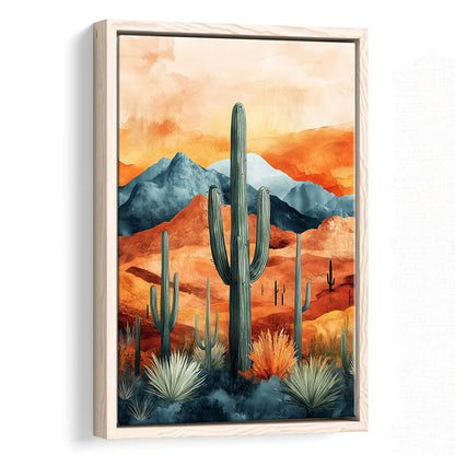 Cactus WaterColor Melancholy Orange Pastel Clouds, Framed Canvas Prints Wall Art
