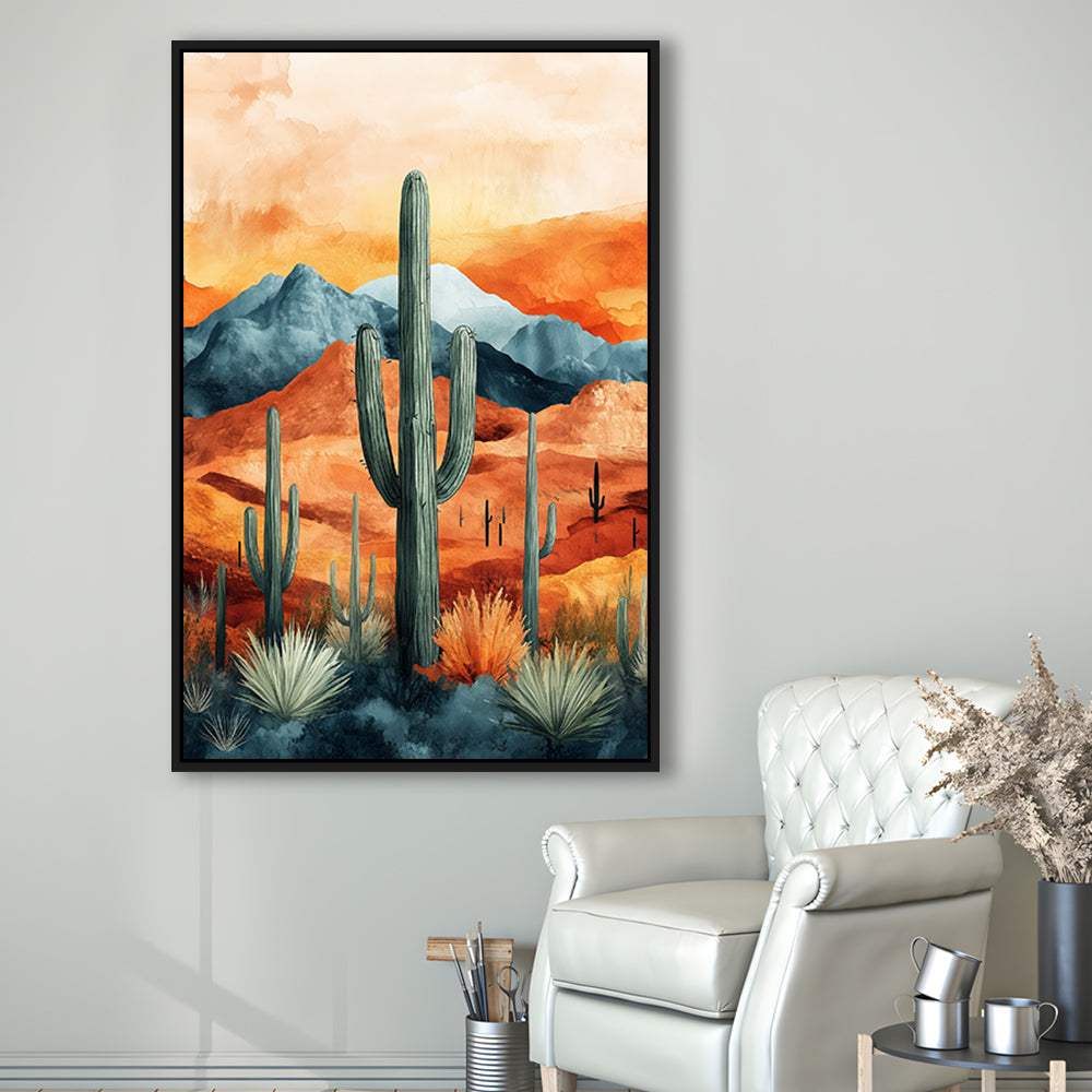 Cactus WaterColor Melancholy Orange Pastel Clouds, Framed Canvas Prints Wall Art