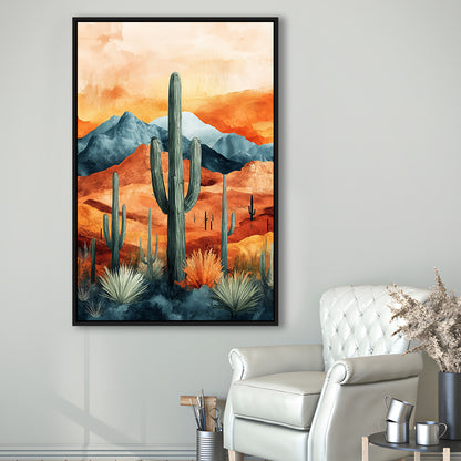 Cactus WaterColor Melancholy Orange Pastel Clouds, Framed Canvas Prints Wall Art