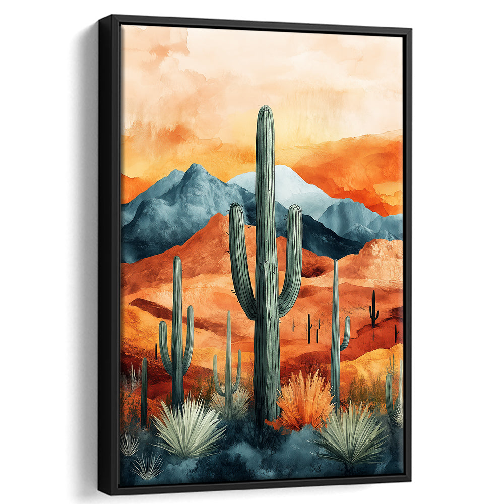 Cactus WaterColor Melancholy Orange Pastel Clouds, Framed Canvas Prints Wall Art