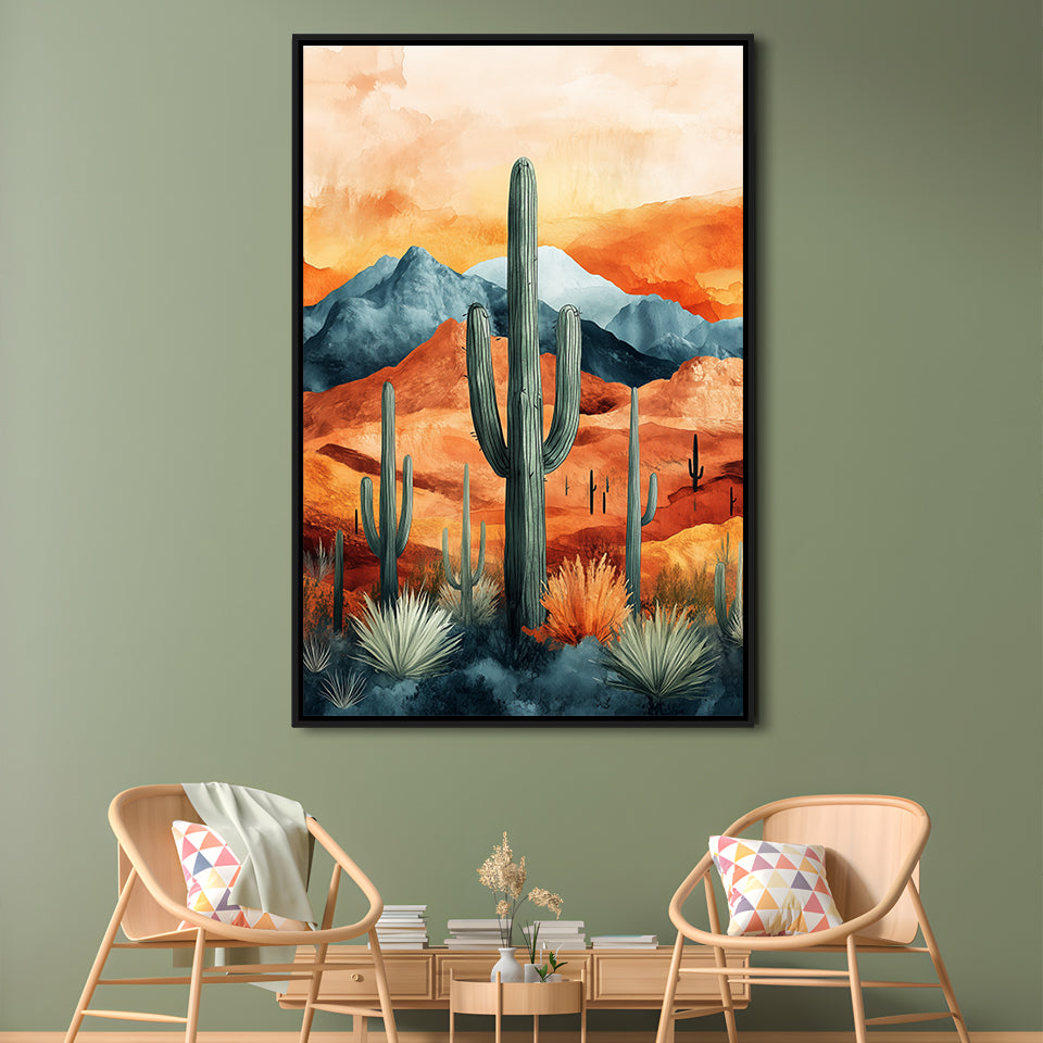 Cactus WaterColor Melancholy Orange Pastel Clouds, Framed Canvas Prints Wall Art