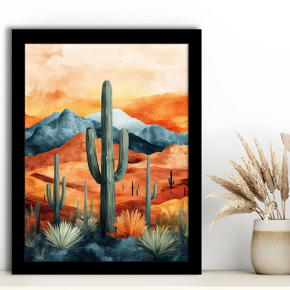 Cactus WaterColor Melancholy Orange Pastel Clouds, Framed Art Prints Wall Decor