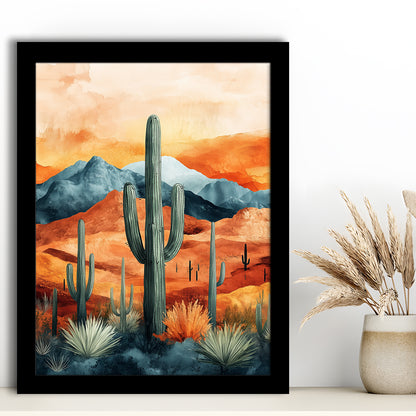 Cactus WaterColor Melancholy Orange Pastel Clouds, Framed Art Prints Wall Decor