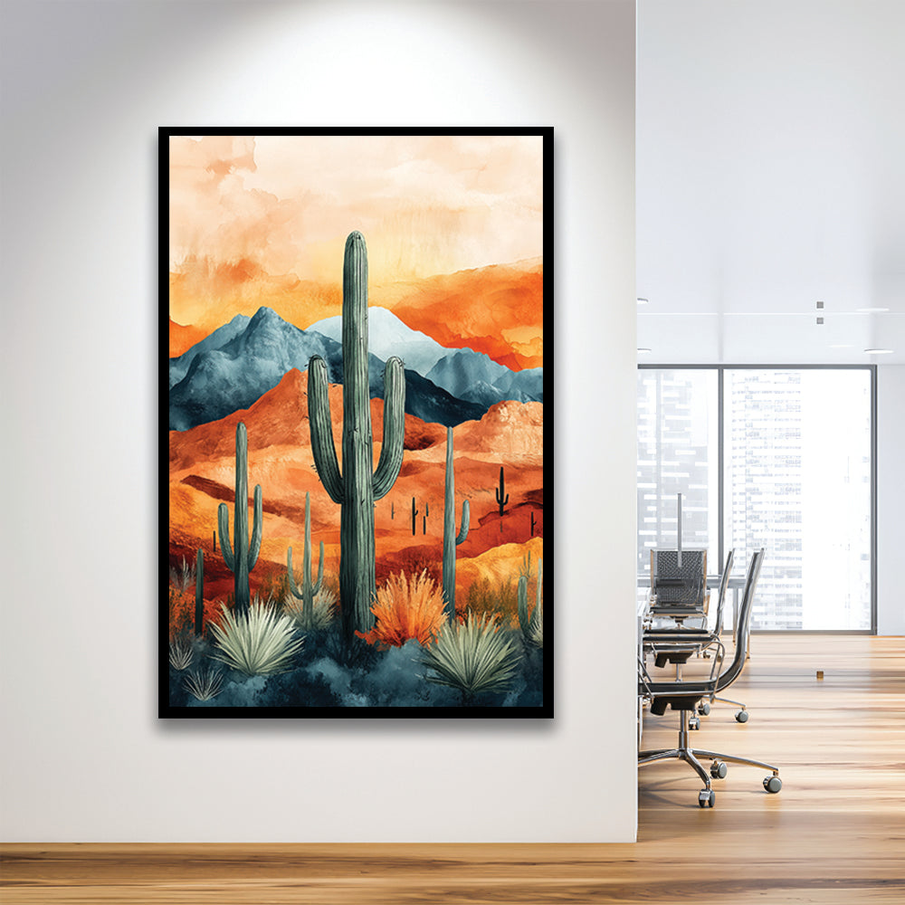Cactus WaterColor Melancholy Orange Pastel Clouds, Framed Art Prints Wall Decor