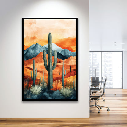 Cactus WaterColor Melancholy Orange Pastel Clouds, Framed Art Prints Wall Decor