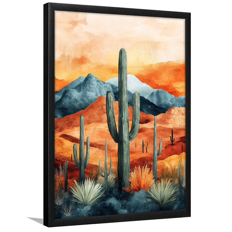 Cactus WaterColor Melancholy Orange Pastel Clouds, Framed Art Prints Wall Decor