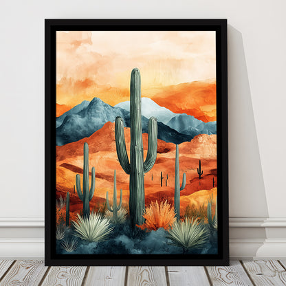 Cactus WaterColor Melancholy Orange Pastel Clouds, Framed Canvas Prints Wall Art