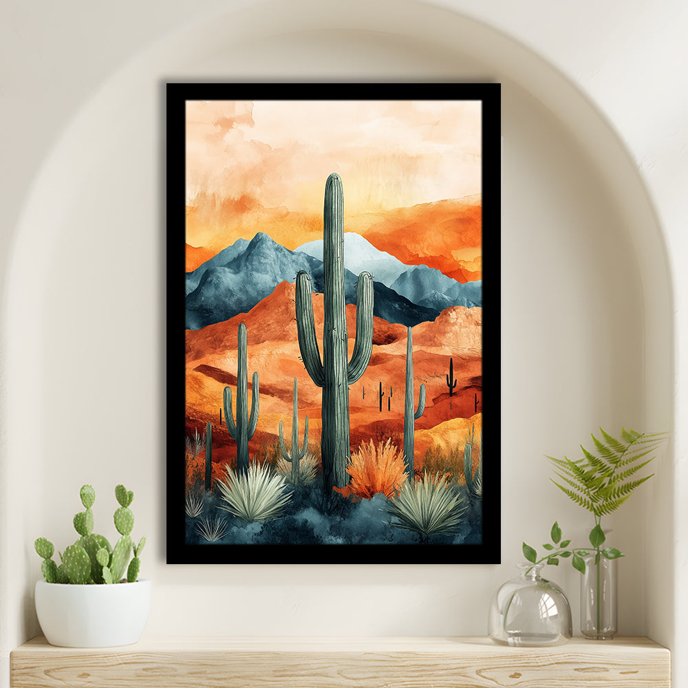 Cactus WaterColor Melancholy Orange Pastel Clouds, Framed Art Prints Wall Decor