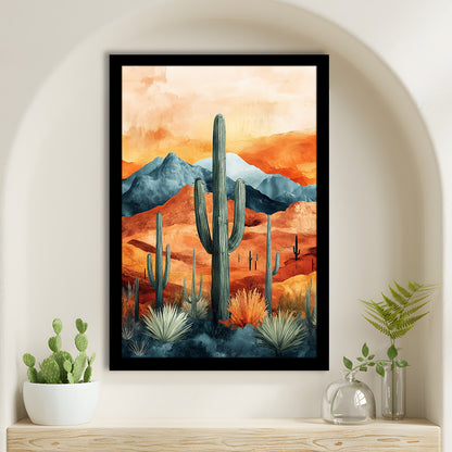 Cactus WaterColor Melancholy Orange Pastel Clouds, Framed Art Prints Wall Decor