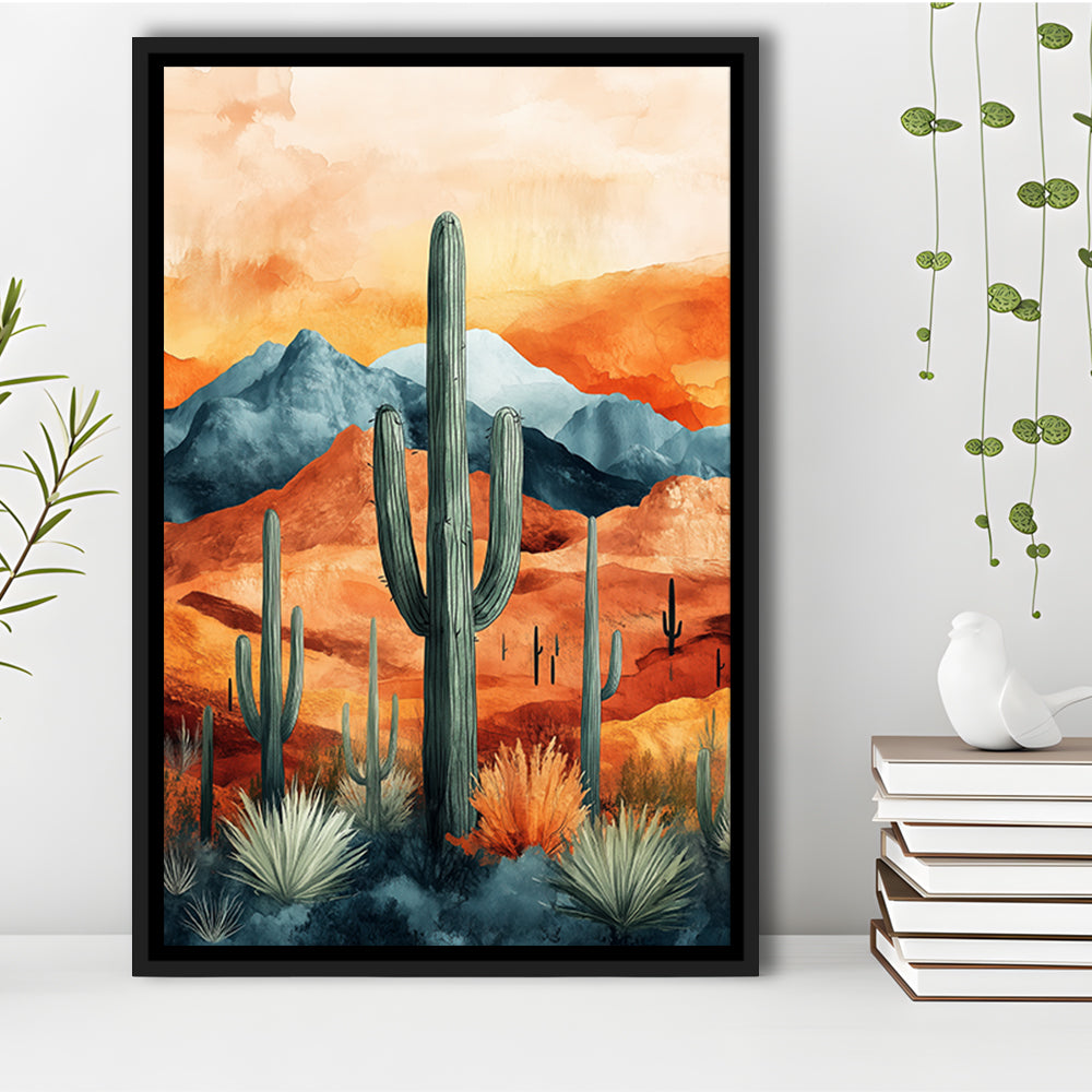 Cactus WaterColor Melancholy Orange Pastel Clouds, Framed Canvas Prints Wall Art