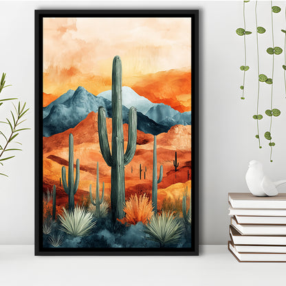 Cactus WaterColor Melancholy Orange Pastel Clouds, Framed Canvas Prints Wall Art