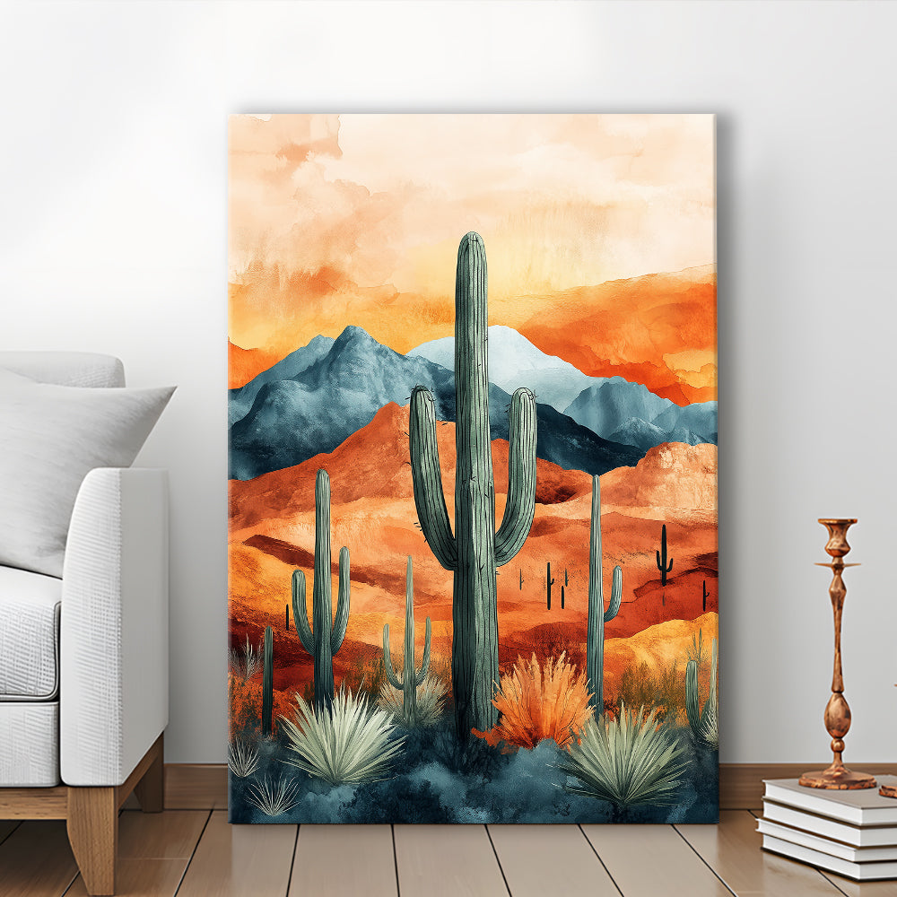 Cactus WaterColor Melancholy Orange Pastel Clouds, Canvas Prints Wall Art