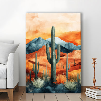 Cactus WaterColor Melancholy Orange Pastel Clouds, Canvas Prints Wall Art
