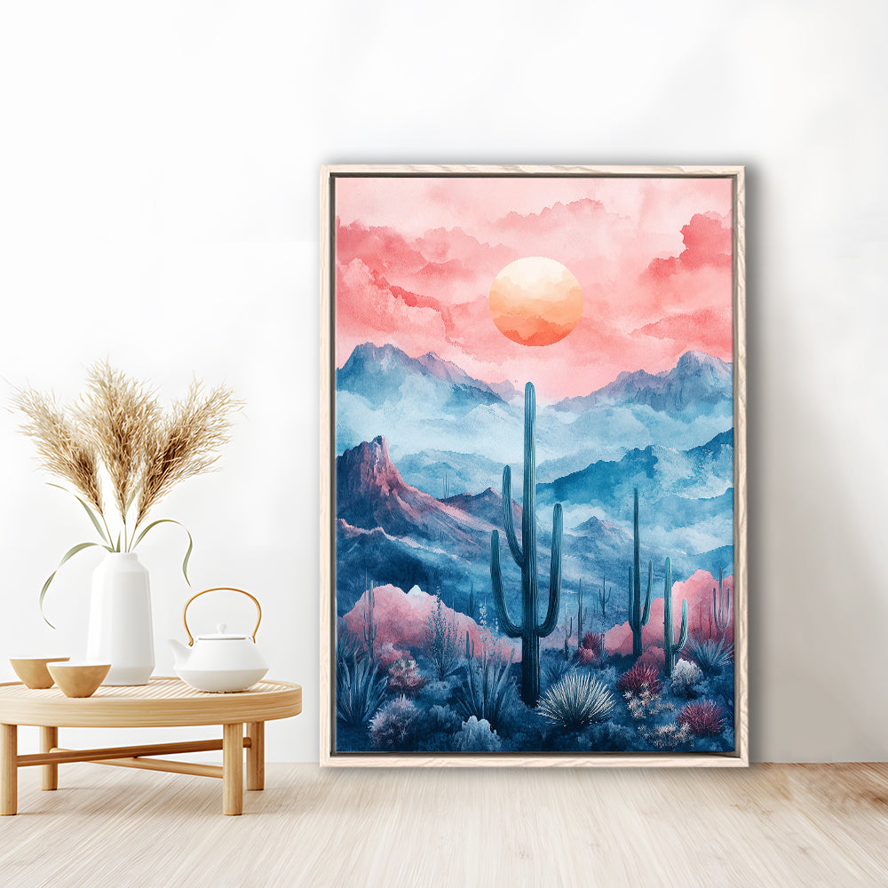 Cactus With Pink Cloud Sky Painting, Floating Framed Canvas Art Print,, Framed Canvas Prints Wall Art