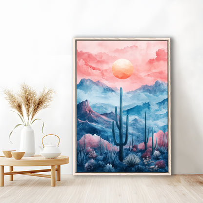 Cactus With Pink Cloud Sky Painting, Floating Framed Canvas Art Print,, Framed Canvas Prints Wall Art