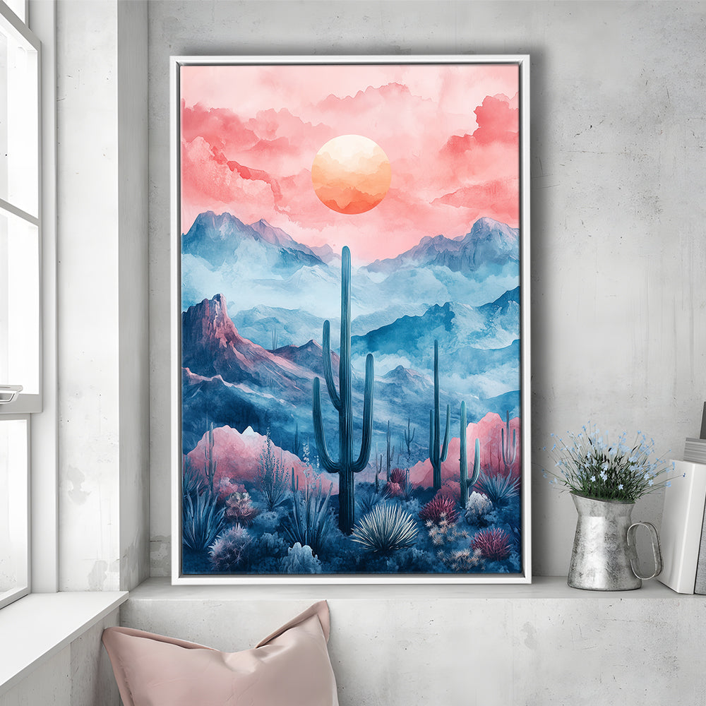 Cactus With Pink Cloud Sky Painting, Floating Framed Canvas Art Print,, Framed Canvas Prints Wall Art