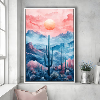 Cactus With Pink Cloud Sky Painting, Floating Framed Canvas Art Print,, Framed Canvas Prints Wall Art