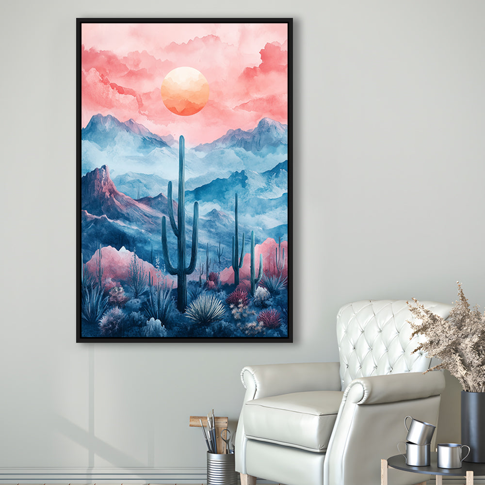 Cactus With Pink Cloud Sky Painting, Floating Framed Canvas Art Print,, Framed Canvas Prints Wall Art