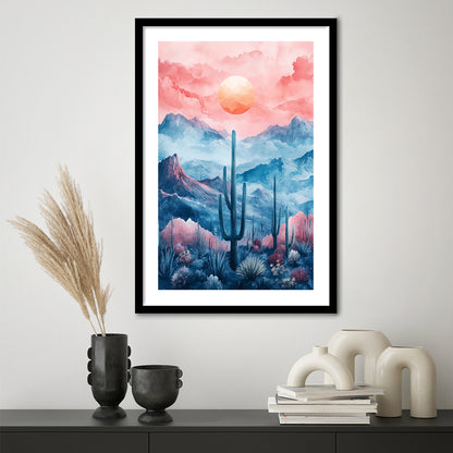 Cactus With Pink Cloud Sky Painting, Framed Picture Print, Framed Art Prints White Border Wall Decor