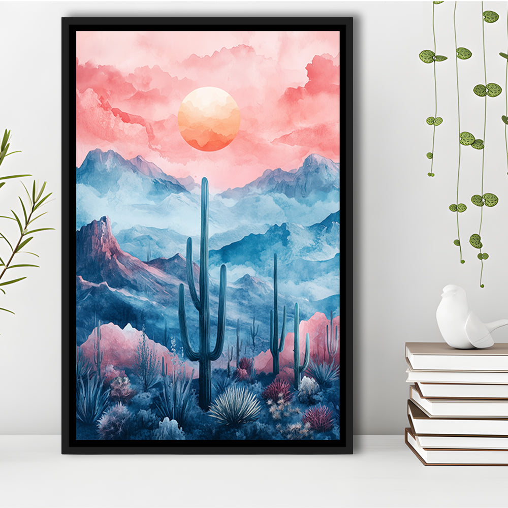 Cactus With Pink Cloud Sky Painting, Floating Framed Canvas Art Print,, Framed Canvas Prints Wall Art
