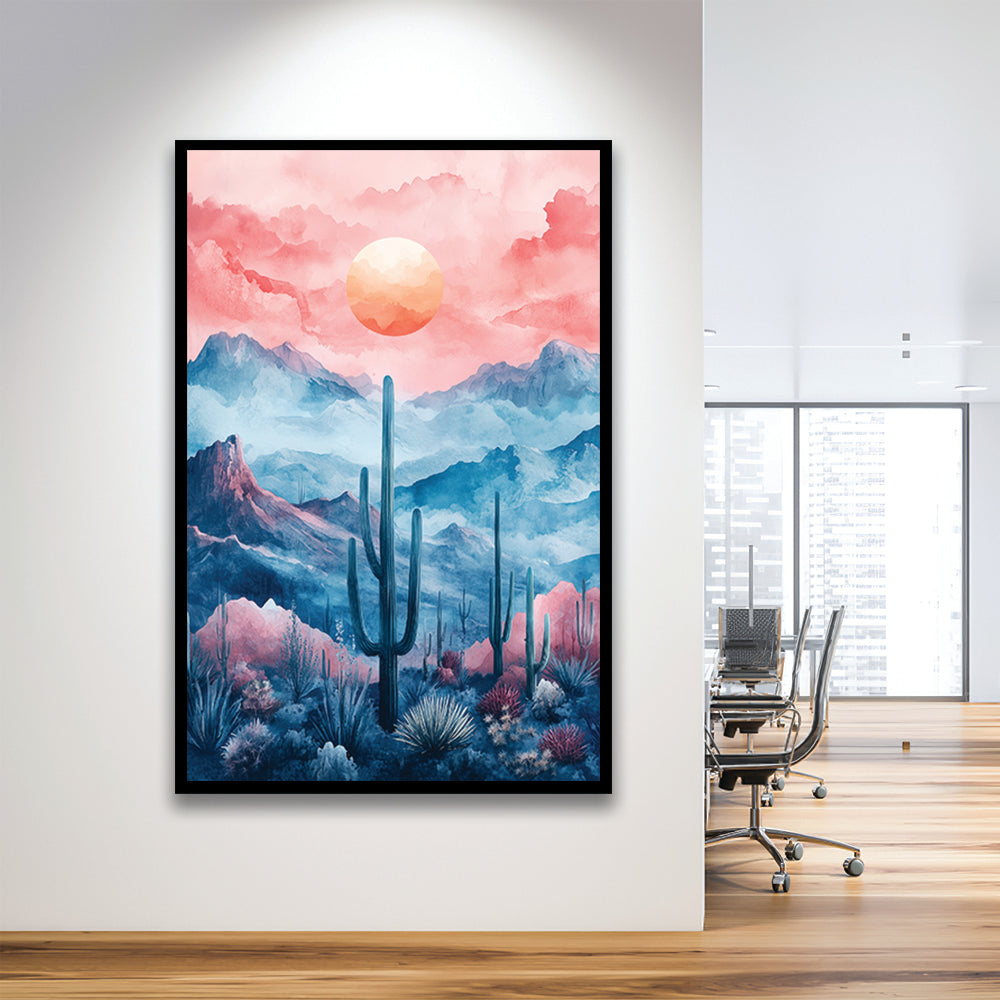 Cactus With Pink Cloud Sky Painting, Framed Picture Print,, Framed Art Prints Wall Decor