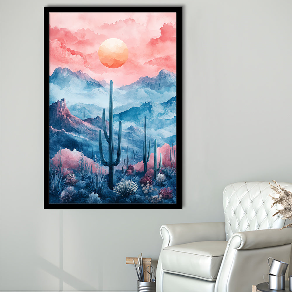 Cactus With Pink Cloud Sky Painting, Framed Picture Print,, Framed Art Prints Wall Decor