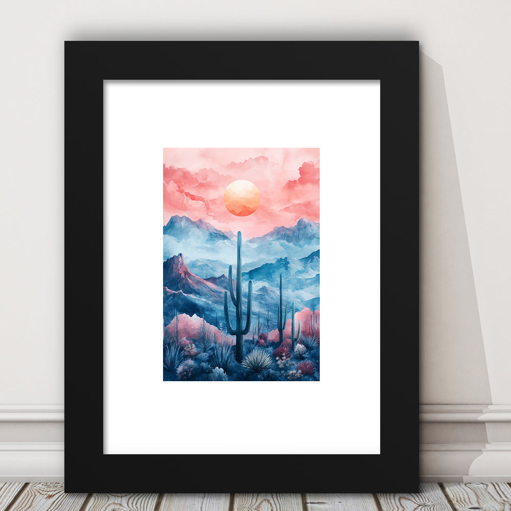 Cactus With Pink Cloud Sky Painting, Framed Picture Print, Framed Art Prints White Border Wall Decor