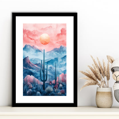 Cactus With Pink Cloud Sky Painting, Framed Picture Print, Framed Art Prints White Border Wall Decor