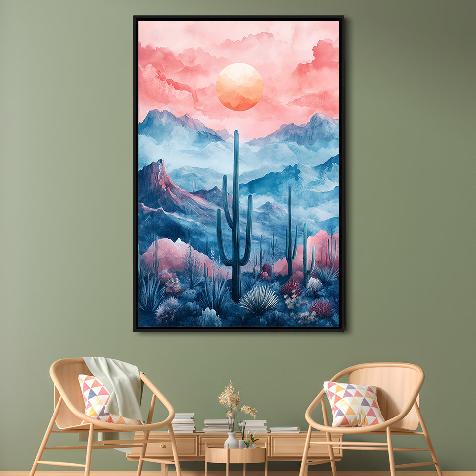 Cactus With Pink Cloud Sky Painting, Floating Framed Canvas Art Print,, Framed Canvas Prints Wall Art