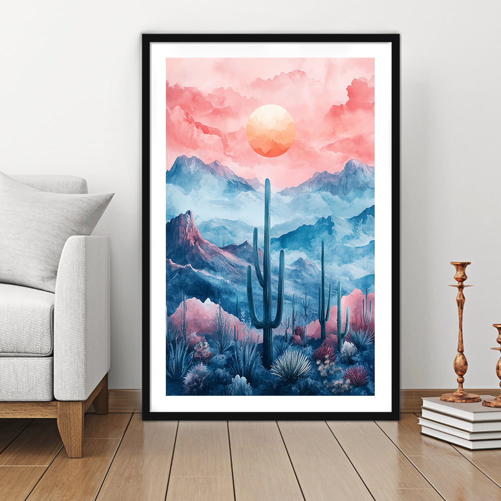 Cactus With Pink Cloud Sky Painting, Framed Picture Print, Framed Art Prints White Border Wall Decor