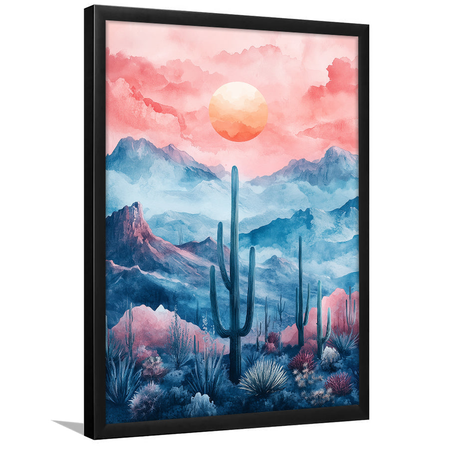 Cactus With Pink Cloud Sky Painting, Framed Picture Print,, Framed Art Prints Wall Decor
