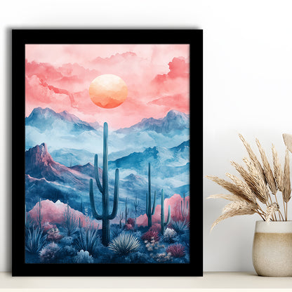 Cactus With Pink Cloud Sky Painting, Framed Picture Print,, Framed Art Prints Wall Decor