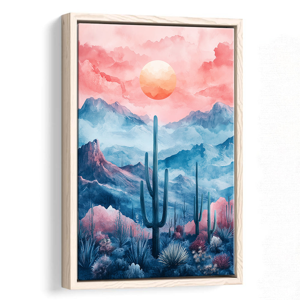 Cactus With Pink Cloud Sky Painting, Floating Framed Canvas Art Print,, Framed Canvas Prints Wall Art