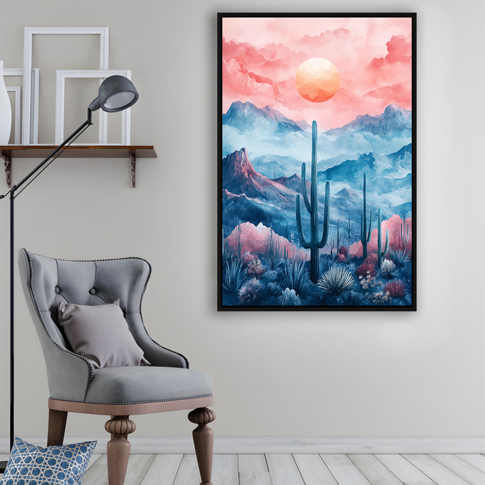 Cactus With Pink Cloud Sky Painting, Floating Framed Canvas Art Print,, Framed Canvas Prints Wall Art