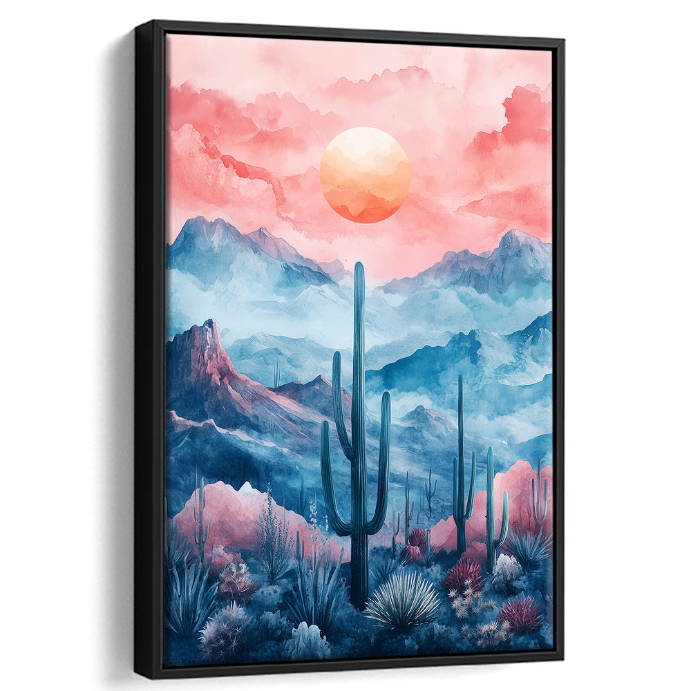 Cactus With Pink Cloud Sky Painting, Floating Framed Canvas Art Print,, Framed Canvas Prints Wall Art