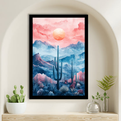 Cactus With Pink Cloud Sky Painting, Framed Picture Print,, Framed Art Prints Wall Decor