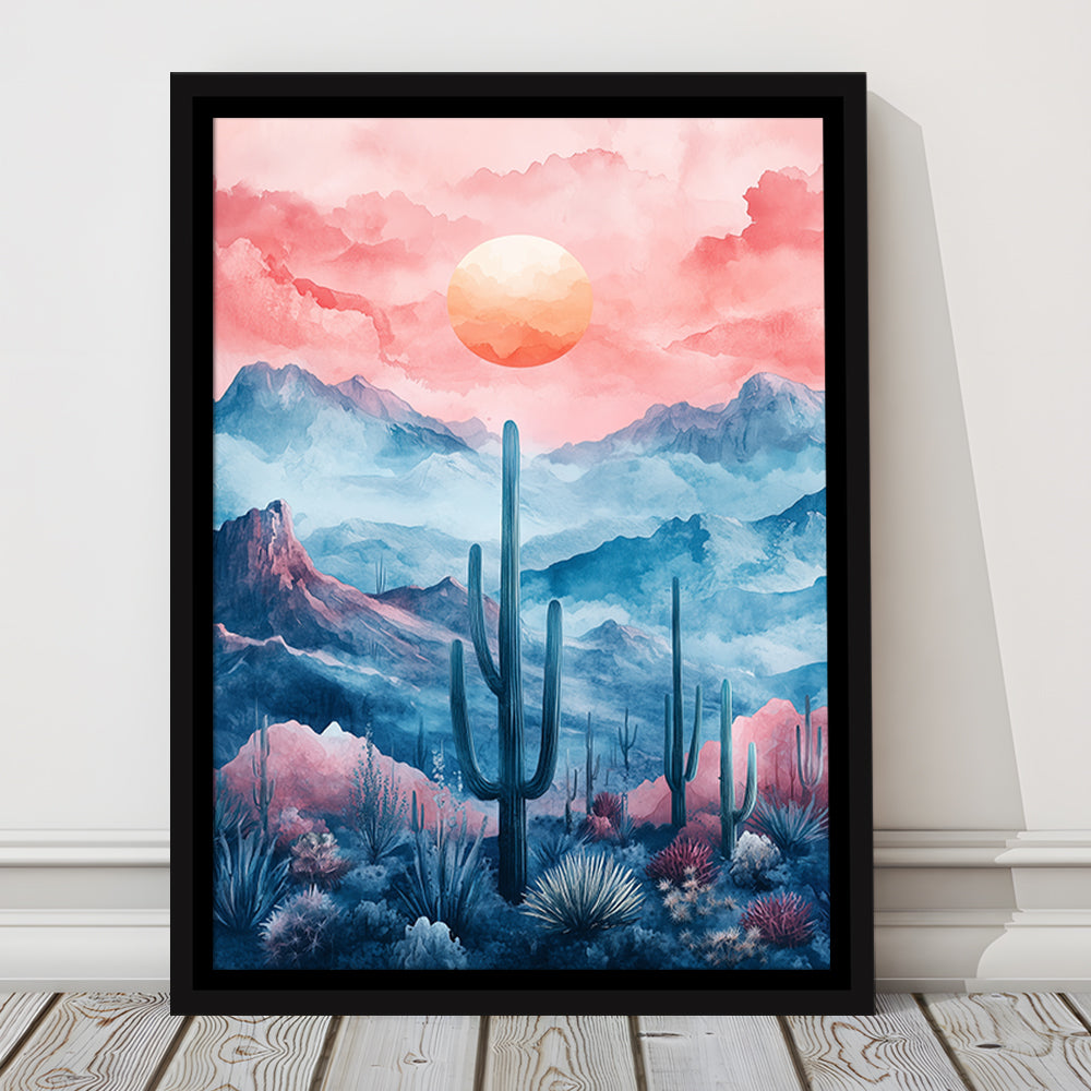 Cactus With Pink Cloud Sky Painting, Floating Framed Canvas Art Print,, Framed Canvas Prints Wall Art