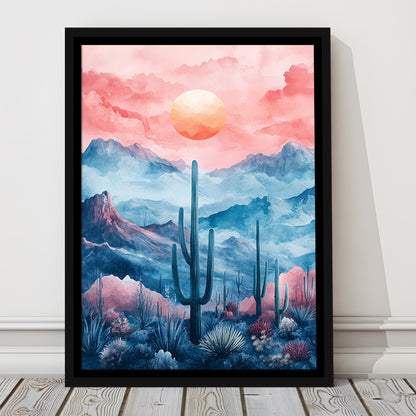 Cactus With Pink Cloud Sky Painting, Floating Framed Canvas Art Print,, Framed Canvas Prints Wall Art