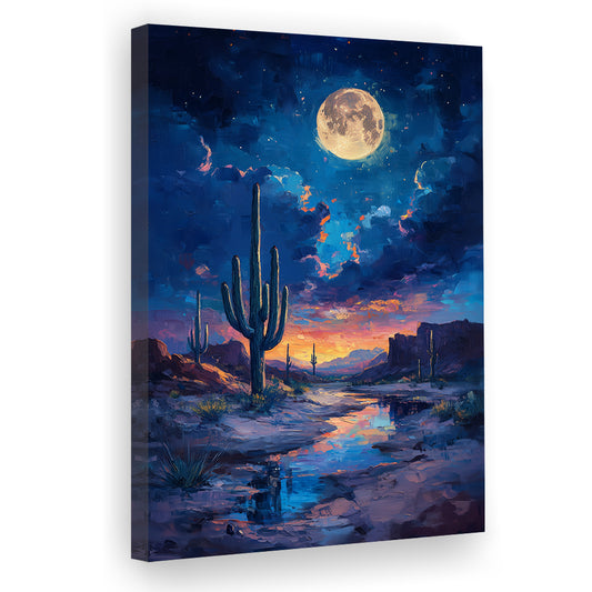 Cactus and Moon Night Painting, Canvas Art Print Decor, Painting Art, Canvas Prints Wall Art