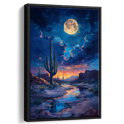 Cactus and Moon Night Painting, Floating Framed Canvas Art Print,, Framed Canvas Prints Wall Art