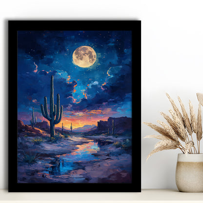 Cactus and Moon Night Painting, Framed Picture Print,, Framed Art Prints Wall Decor
