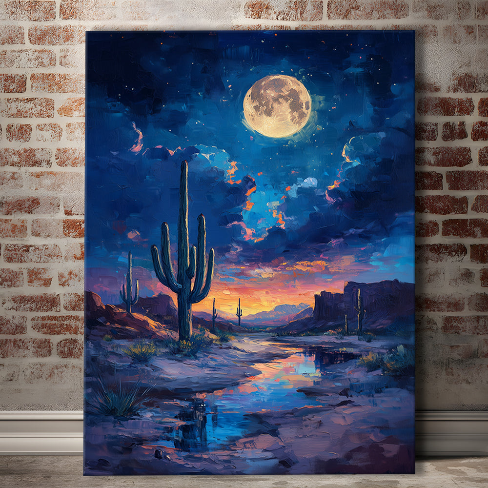 Cactus and Moon Night Painting, Canvas Art Print Decor, Painting Art, Canvas Prints Wall Art