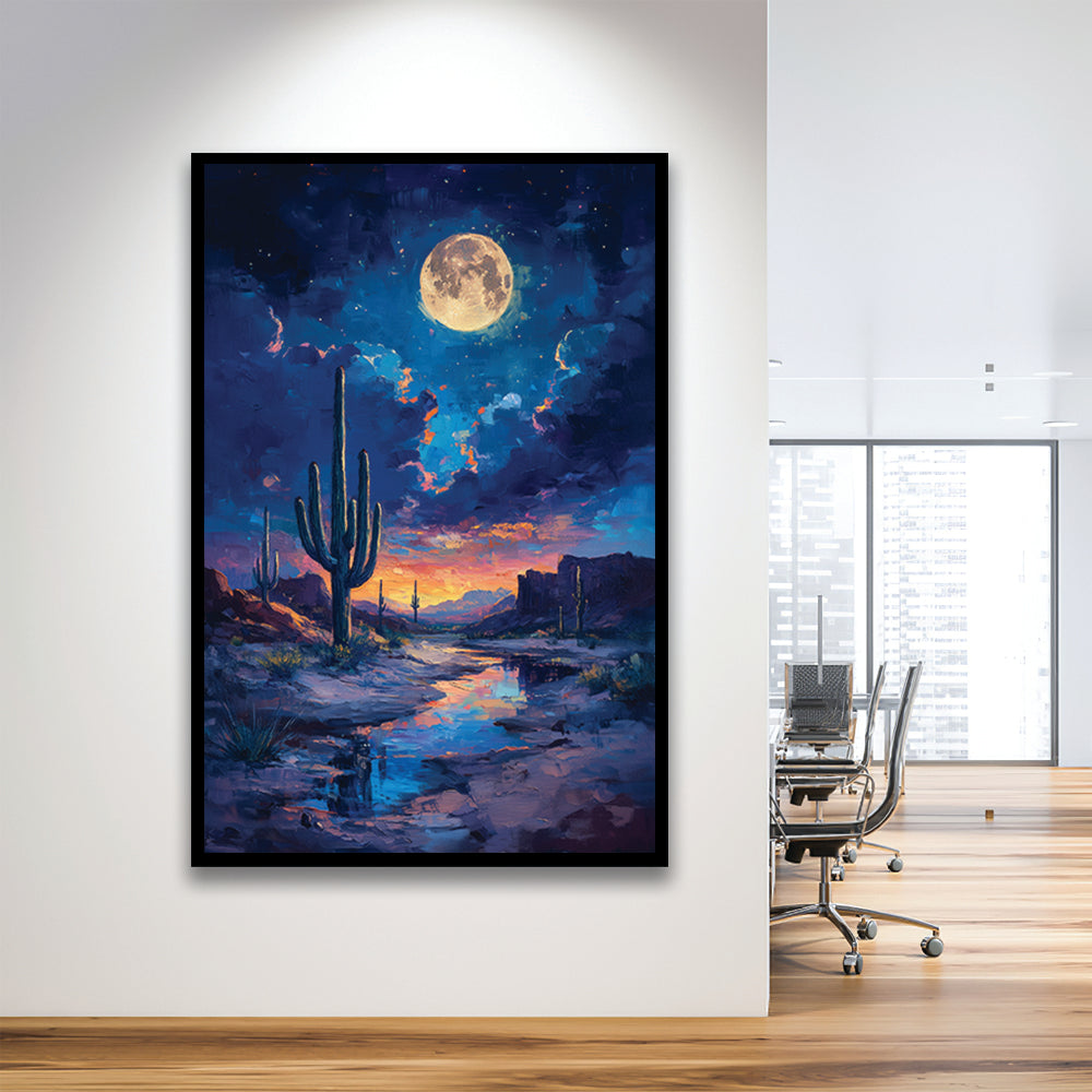 Cactus and Moon Night Painting, Framed Picture Print,, Framed Art Prints Wall Decor