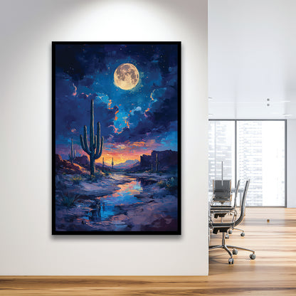 Cactus and Moon Night Painting, Framed Picture Print,, Framed Art Prints Wall Decor