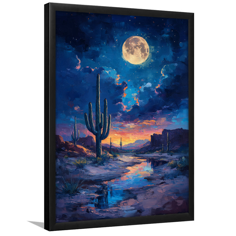 Cactus and Moon Night Painting, Framed Picture Print,, Framed Art Prints Wall Decor