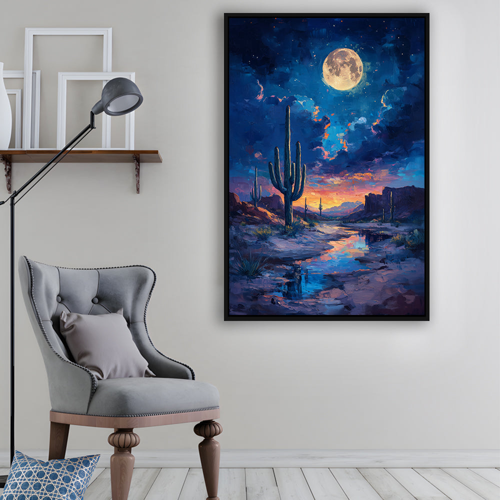 Cactus and Moon Night Painting, Floating Framed Canvas Art Print,, Framed Canvas Prints Wall Art