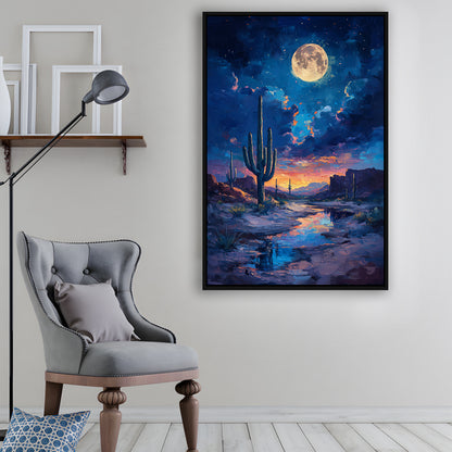 Cactus and Moon Night Painting, Floating Framed Canvas Art Print,, Framed Canvas Prints Wall Art